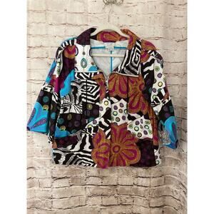 Just B Jacket Womens Large Multicolor Retro Full Front Zip Up Cotton Colorful